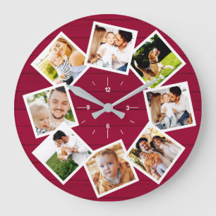 Grande Horloge Ronde Famille Photo Collage Rustique Agritourisme Rouge