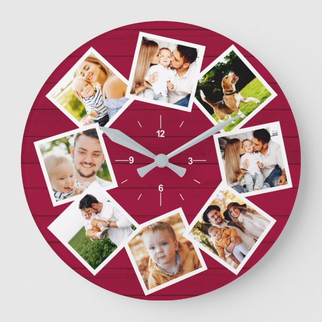 Grande Horloge Ronde Famille Photo Collage Rustique Agritourisme Rouge (Recto)