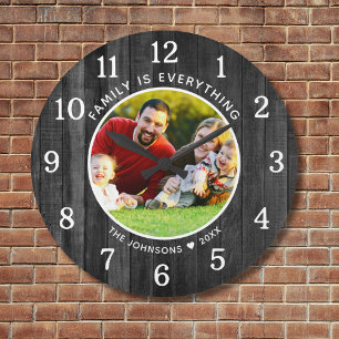 Grande Horloge Ronde Famille Tout Nom Photo Palette Noire Bois