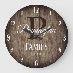 Grande Horloge Ronde Family Name with Monogram Rustic Wood