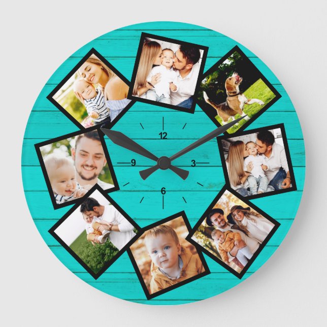 Grande Horloge Ronde Family Photo Collage Rustic Farmhouse Turquoise (Recto)