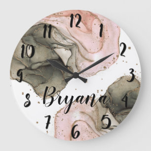 Grande Horloge Ronde Fantaisie Glamour Rose Noir Doré Éthéré Encre de C