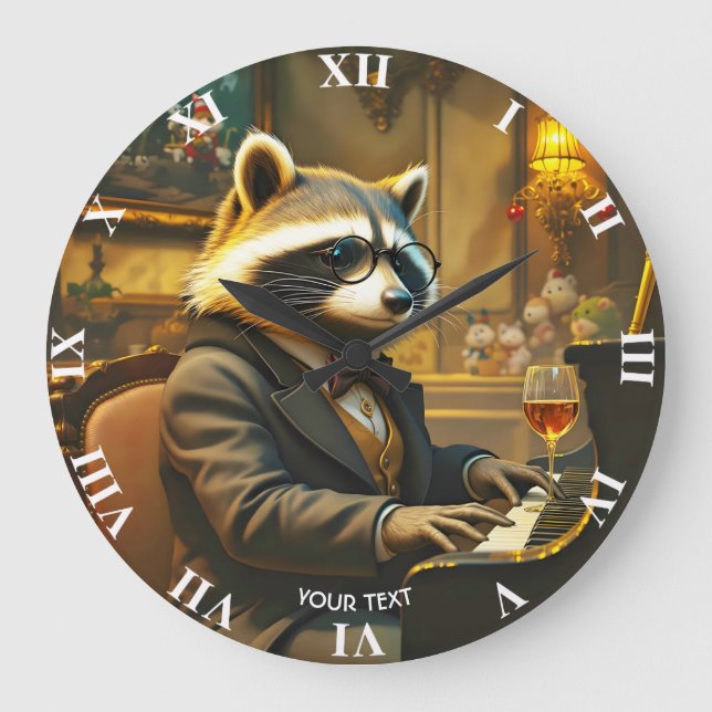 Grande Horloge Ronde Fantasy Cute Piano Racoon Playing (Recto)
