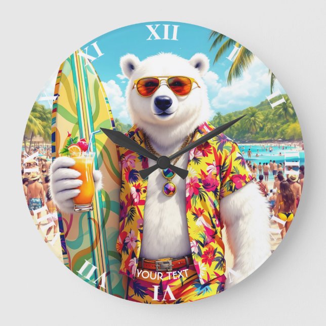 Grande Horloge Ronde Fantasy Cute Polar Bear Beach (Recto)