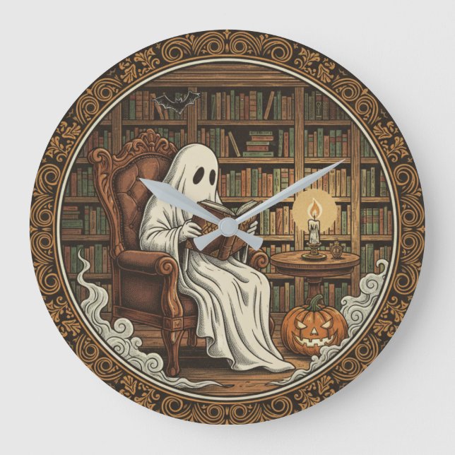 Grande Horloge Ronde Fantôme dans une bibliothèque (Recto)