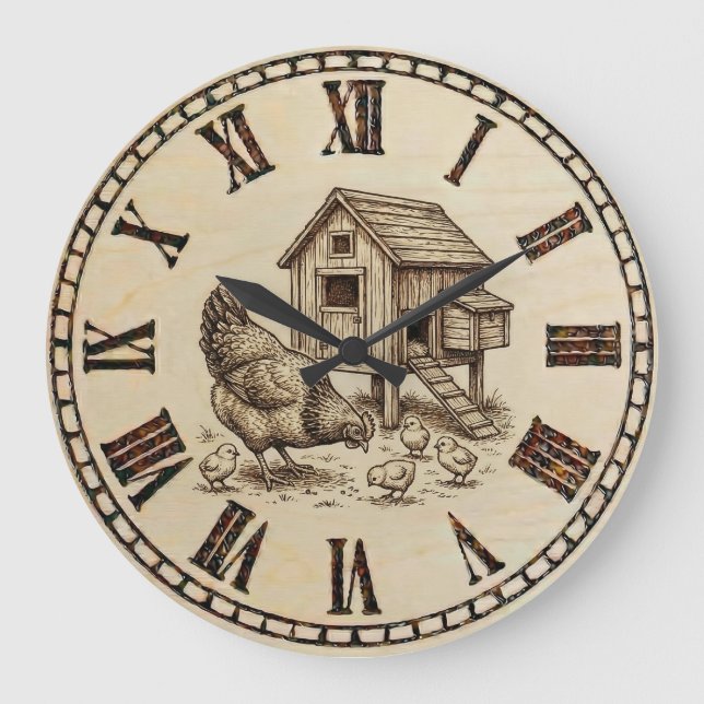 Grande Horloge Ronde Farm Chicken Wall Clock – Wood-Burned style  (Recto)