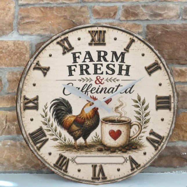 Grande Horloge Ronde Farm Fresh & Caffeinated Rustic Rooster Coffee (Créateur téléchargé)
