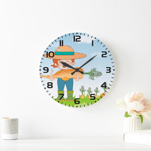Grande Horloge Ronde Farmer Girl with Giant Carrot Gardening