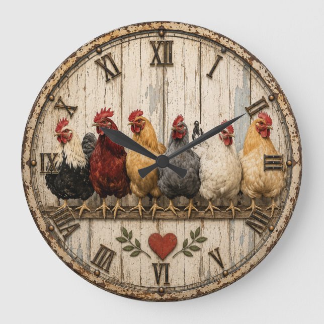 Grande Horloge Ronde Farmhouse Chicken Rustic  (Recto)