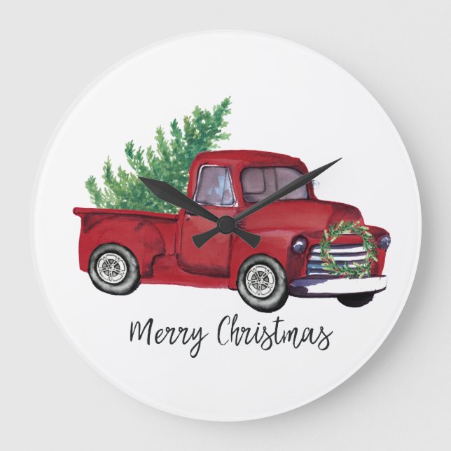 Grande Horloge Ronde Farmhouse Christmas watercolor red truck (Recto)