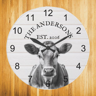 Grande Horloge Ronde Farmhouse Cow wood Personnalisé