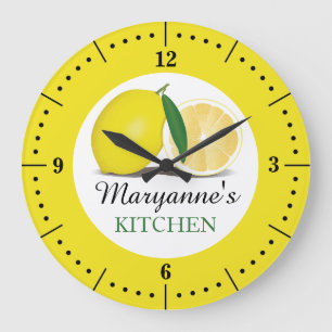 Grande Horloge Ronde Farmhouse de citron jaune Cuisine Nom personnalisé
