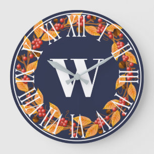 Grande Horloge Ronde Farmhouse Rustic Fall Wreath & Navy