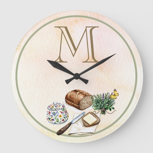 Grande Horloge Ronde Farmhouse Rustique Herbes et Pain Famille Monogram (Recto)