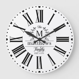 Grande Horloge Ronde Farmhouse Style Family Monogram Nom Laurel Wreath