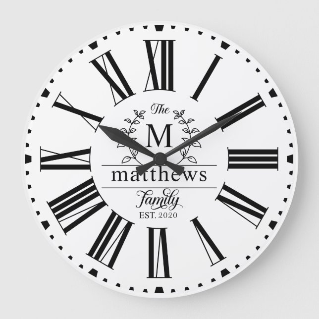 Grande Horloge Ronde Farmhouse Style Family Monogram Nom Laurel Wreath (Recto)