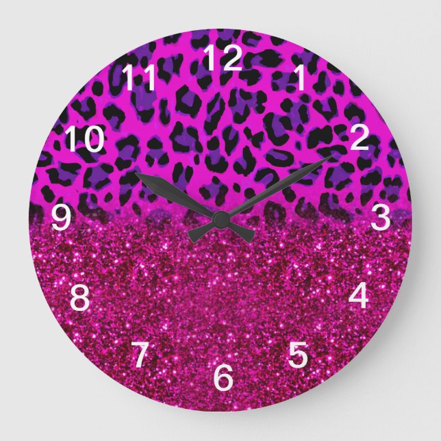 Grande Horloge Ronde Fashion Modern Pink Purple Glitter Leopard (Recto)