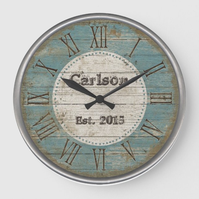 Grande Horloge Ronde Faux antique chic rustic blue wood custom design (Recto)
