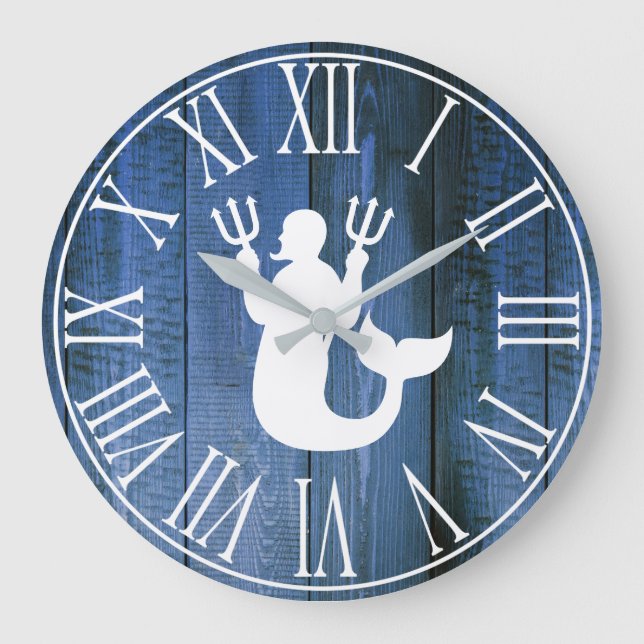Grande Horloge Ronde Faux Bleu Nautique et Silhouette Merman (Recto)