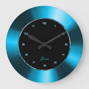 Grande Horloge Ronde Faux Blue Metallo Design Acier Inoxydable Look
