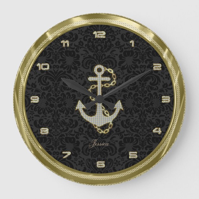 Grande Horloge Ronde Faux Glitter Nautical Anchor Black Background 2 (Recto)