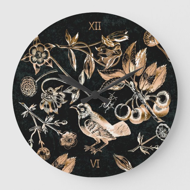 Grande Horloge Ronde Faux Gold Bird Beetles Flowers Cherry (Recto)