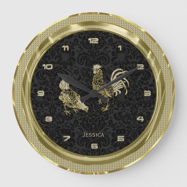 Grande Horloge Ronde Faux Gold Chickens With Black Background 2 (Recto)