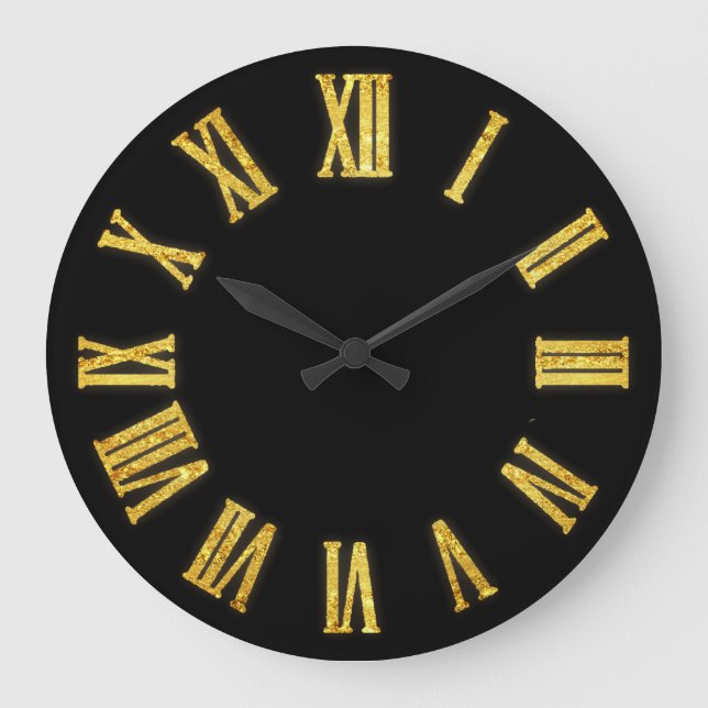 Grande Horloge Ronde Faux Gold Metallic Minimal chiffres romains Noir (Recto)