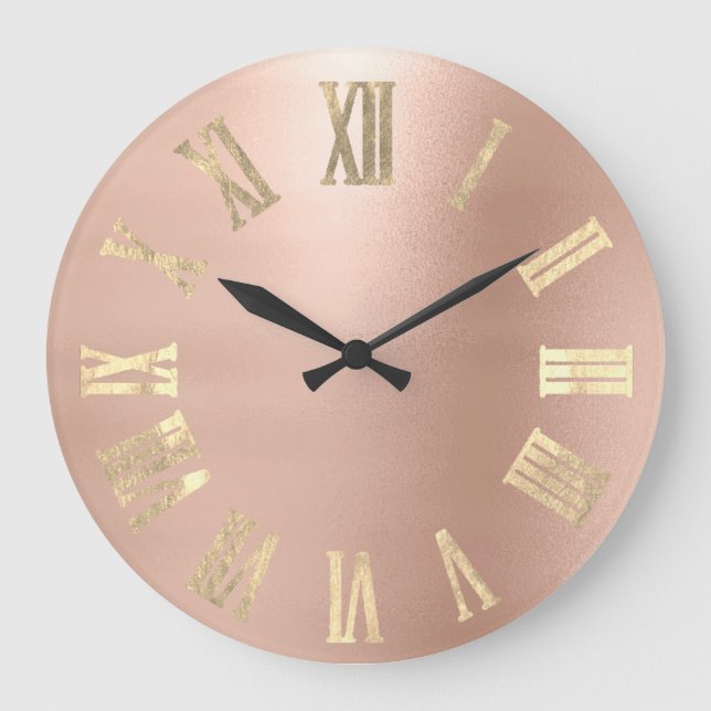 Grande Horloge Ronde Faux Gold Métallic Minimal Numéros Romains Blush (Recto)