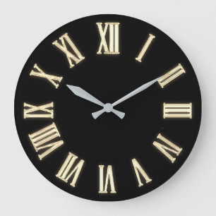 Grande Horloge Ronde Faux Gold Metallic Minimal Roman Numbers Black