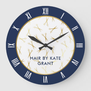 Grande Horloge Ronde Faux Gold Scissors Navy Blue Hair Salon