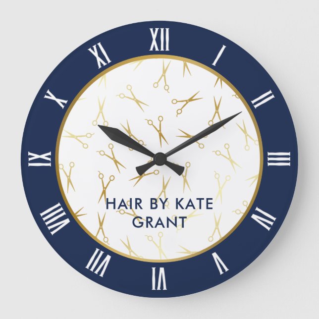 Grande Horloge Ronde Faux Gold Scissors Navy Blue Hair Salon (Recto)