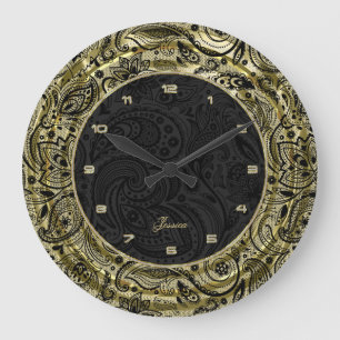 Grande Horloge Ronde Faux Gold With Black Paisley & Background
