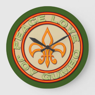 Grande Horloge Ronde Faux Neon Peace Joy Gumbo Fleur de Lis