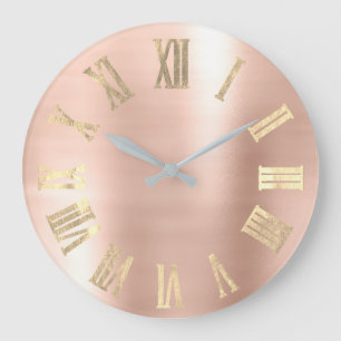Grande Horloge Ronde Faux Or Beauté Métallique chiffres romains Blush