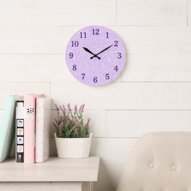Grande Horloge Ronde Faux Pale Purple Lavender Parties scintillant (Salle de lecture)