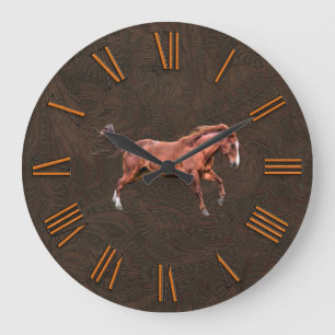 Grande Horloge Ronde Faux Tooled, Cuir sculpté avec Cheval Rouge Dun