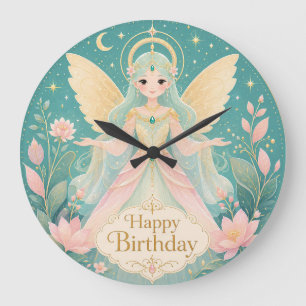 Grande Horloge Ronde Fée Ange aux Ailes Dorées Éthérée