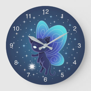 Grande Horloge Ronde Fée Pixie Chat Étoile de Nuit