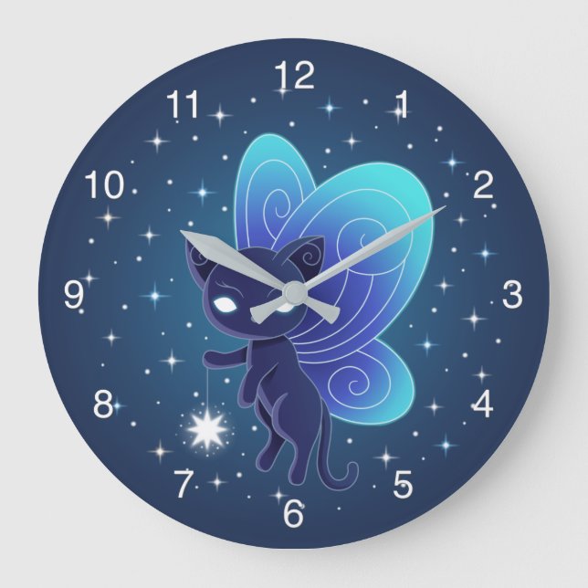 Grande Horloge Ronde Fée Pixie Chat Étoile de Nuit (Recto)