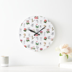 Grande Horloge Ronde Fées Rose Floral & Champignons Motif de fées