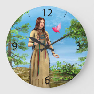 Grande Horloge Ronde Femme amérindienne Art de l'oiseau de la forêt