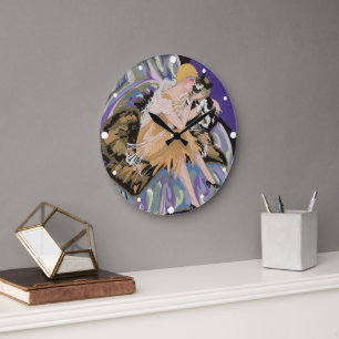 Grande Horloge Ronde Femme Art Déco vintage avec chat par S. Chompre