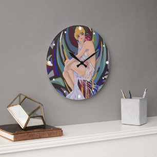 Grande Horloge Ronde Femme Art Déco Vintage avec Draperies par S. Chomp