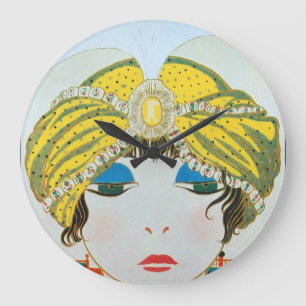 Grande Horloge Ronde FEMME AVEC TURBAN JAUNE ORIENTAL / Mode Beauté