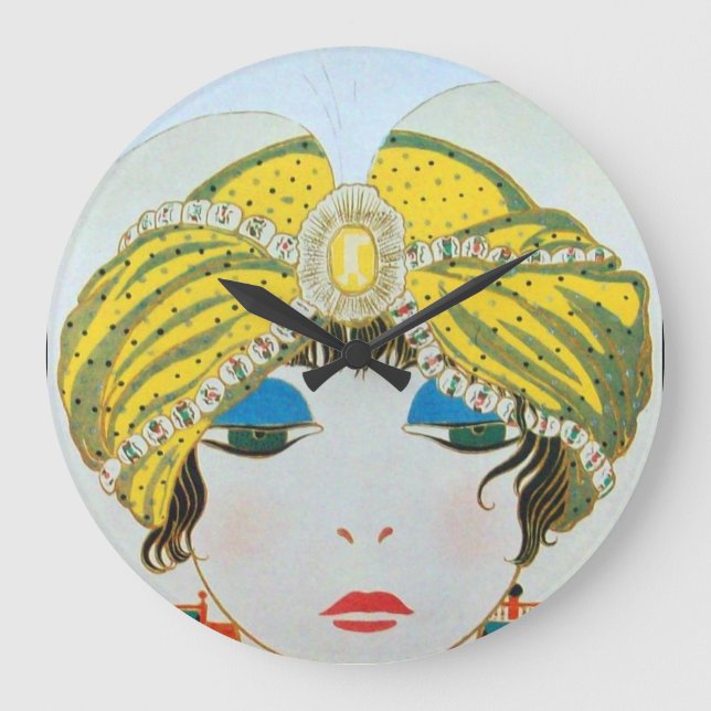 Grande Horloge Ronde FEMME AVEC TURBAN JAUNE ORIENTAL / Mode Beauté (Recto)