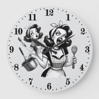 Grande Horloge Ronde Femme de cuisine vintage amusante