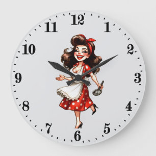 Grande Horloge Ronde Femme de cuisine vintage amusante