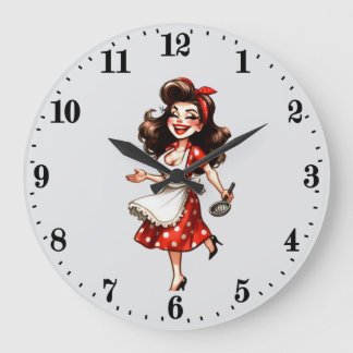 Grande Horloge Ronde Femme de cuisine vintage amusante