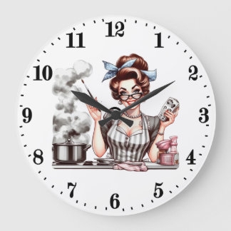Grande Horloge Ronde Femme de cuisine vintage amusante